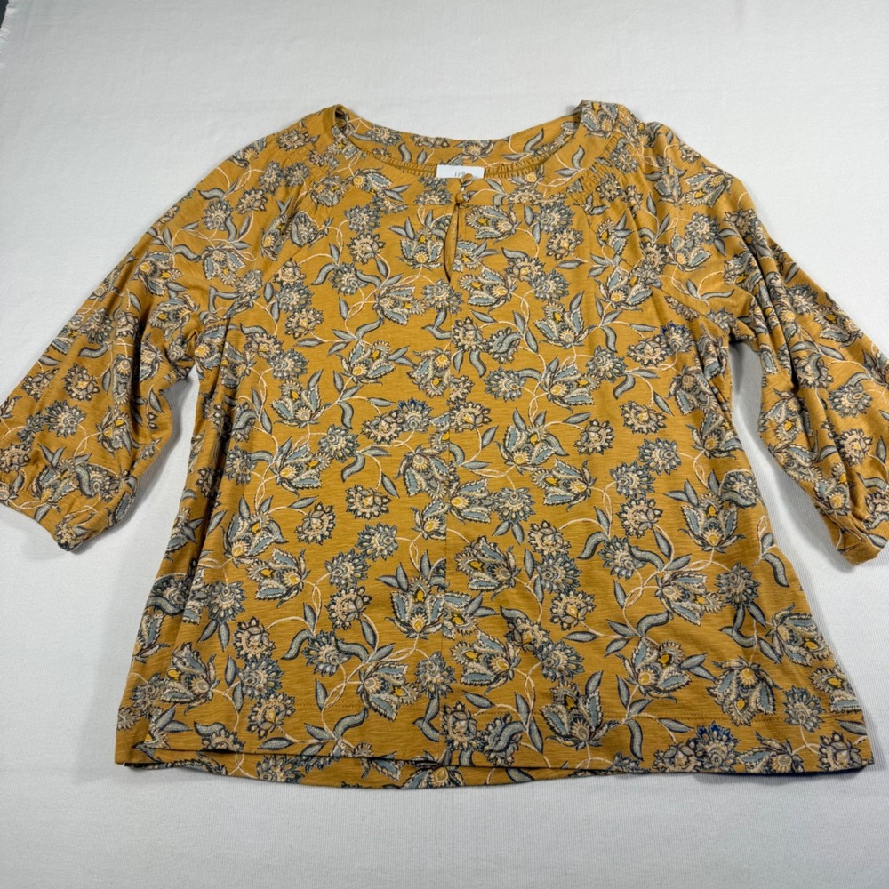 J. Jill Floral Paisley Top Small Petite Mustard Yellow 3/4 Sleeve Smocked Neck